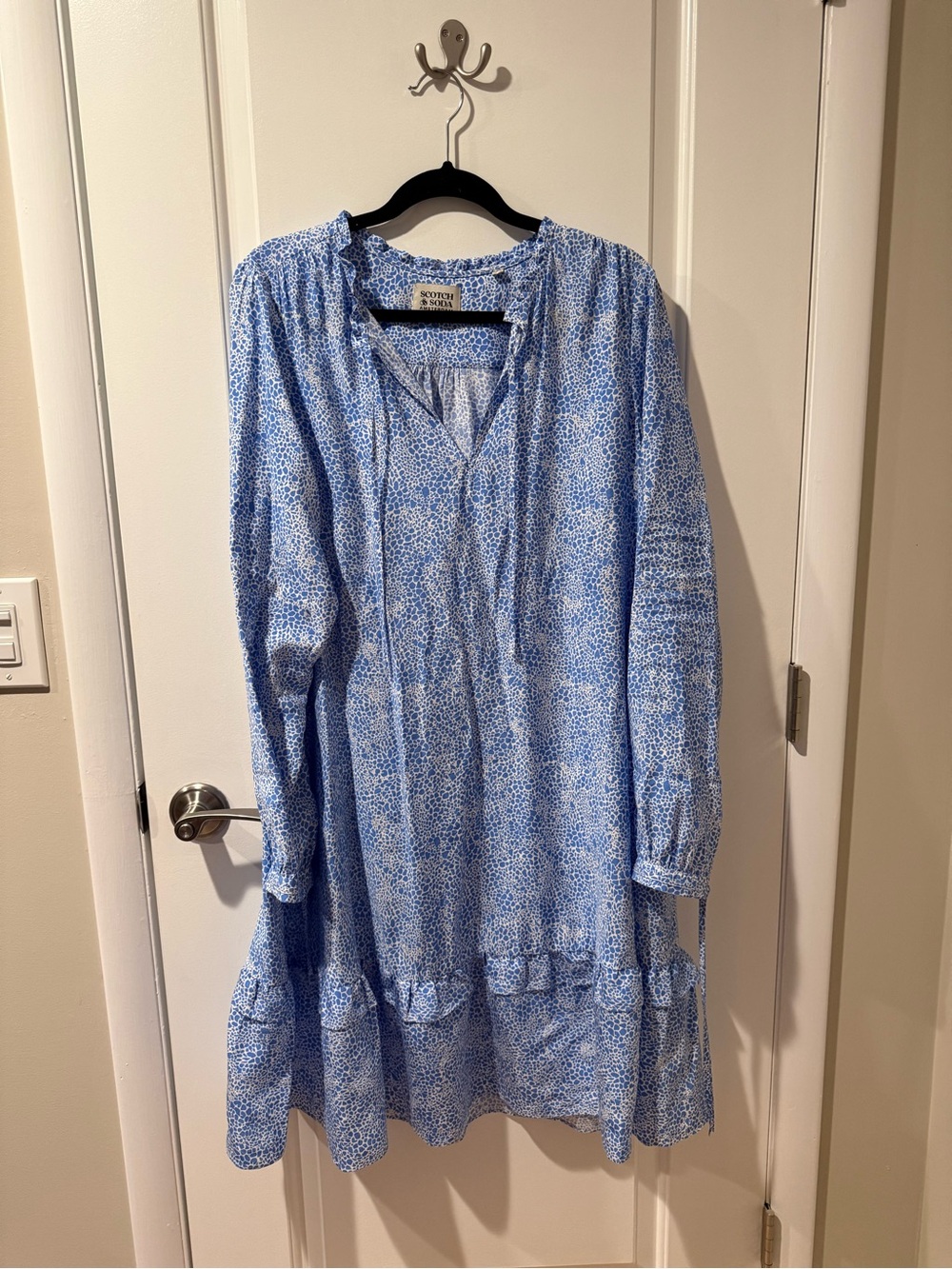 Scotch & Soda Light Blue Printed Long-Sleeve Ruffled Hem Dress